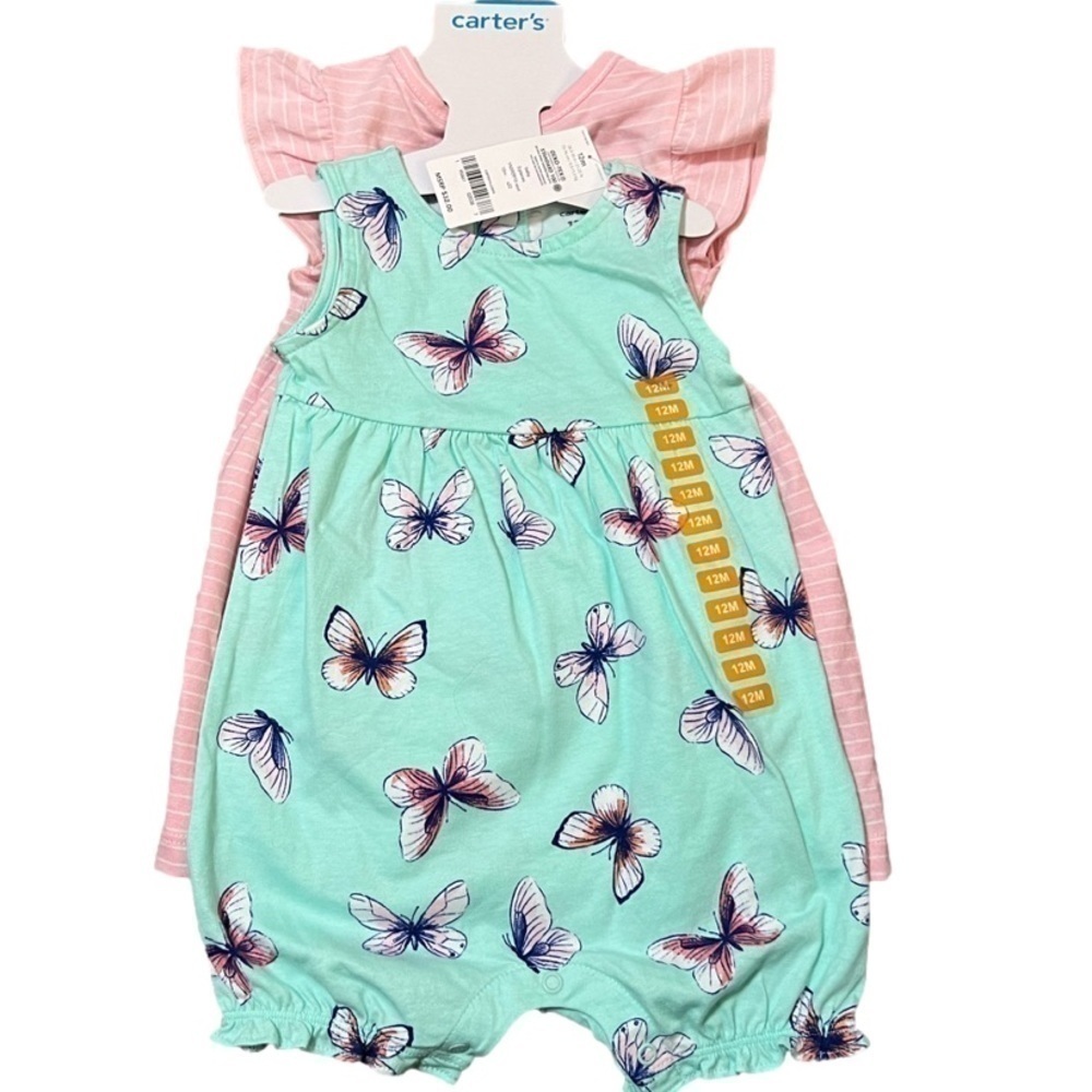 Carter's Baby Girl 3pc Romper & Dress Set Mint Butterfly Pink Stripe 12M NWT